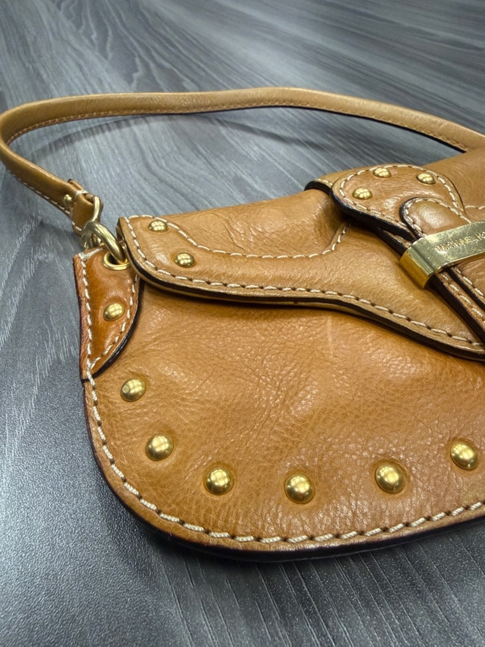 Michael Kors brown tan flap leather purse studded trim Shoulder Bag Clutch - Picture 3 of 13